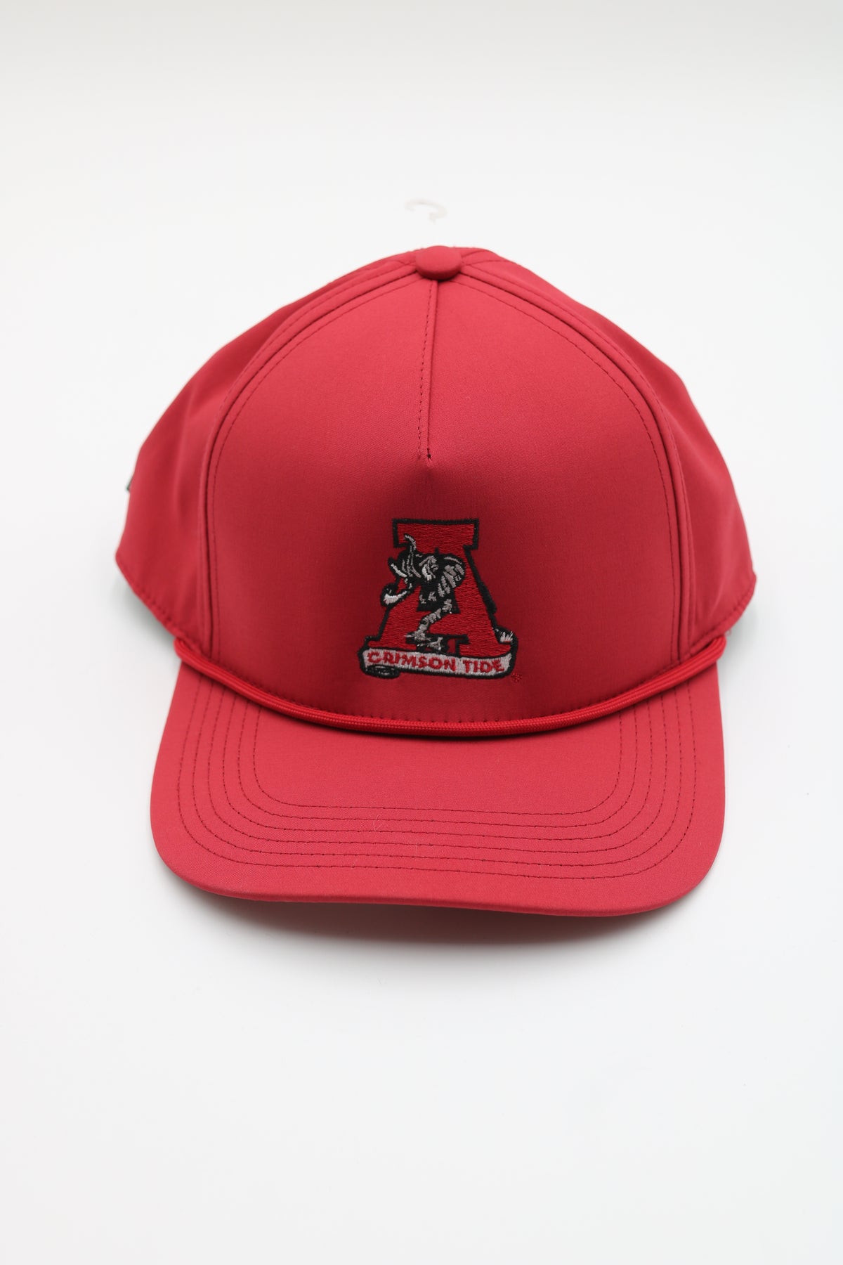 A red baseball cap featuring an embroidered logo of the University of Alabama 'A' with a red wolf and the words 'ALABAMA ALOTAS' on the front, set against a plain white background.