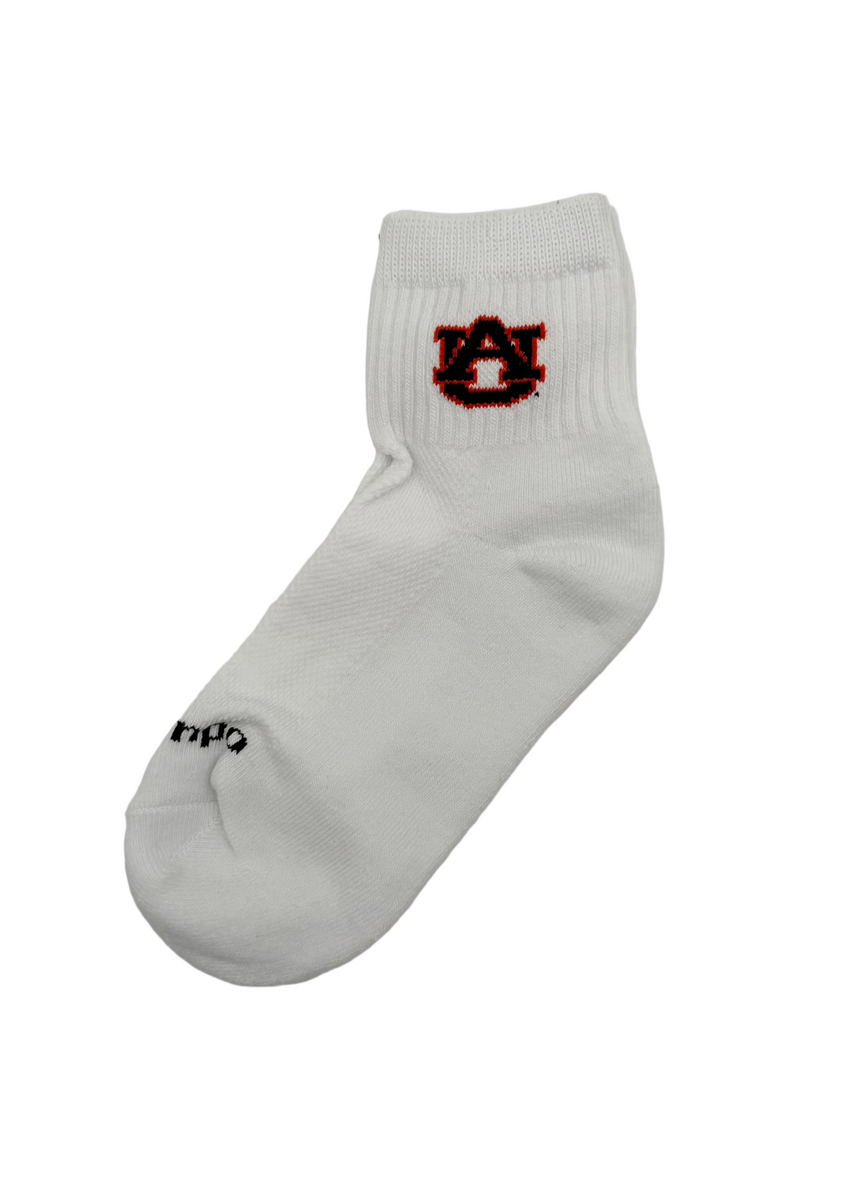 A single white crew sock with a red and black Auburn Tigers 'AU' logo on the cuff and a small black 'UFO' logo on the toe, displayed on a light gray background.