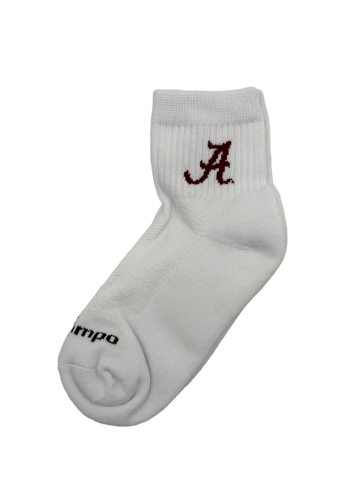A single white crew sock with a dark red embroidered letter 'A' on the cuff and black 'Impa' branding on the toe area, displayed on a light gray background.