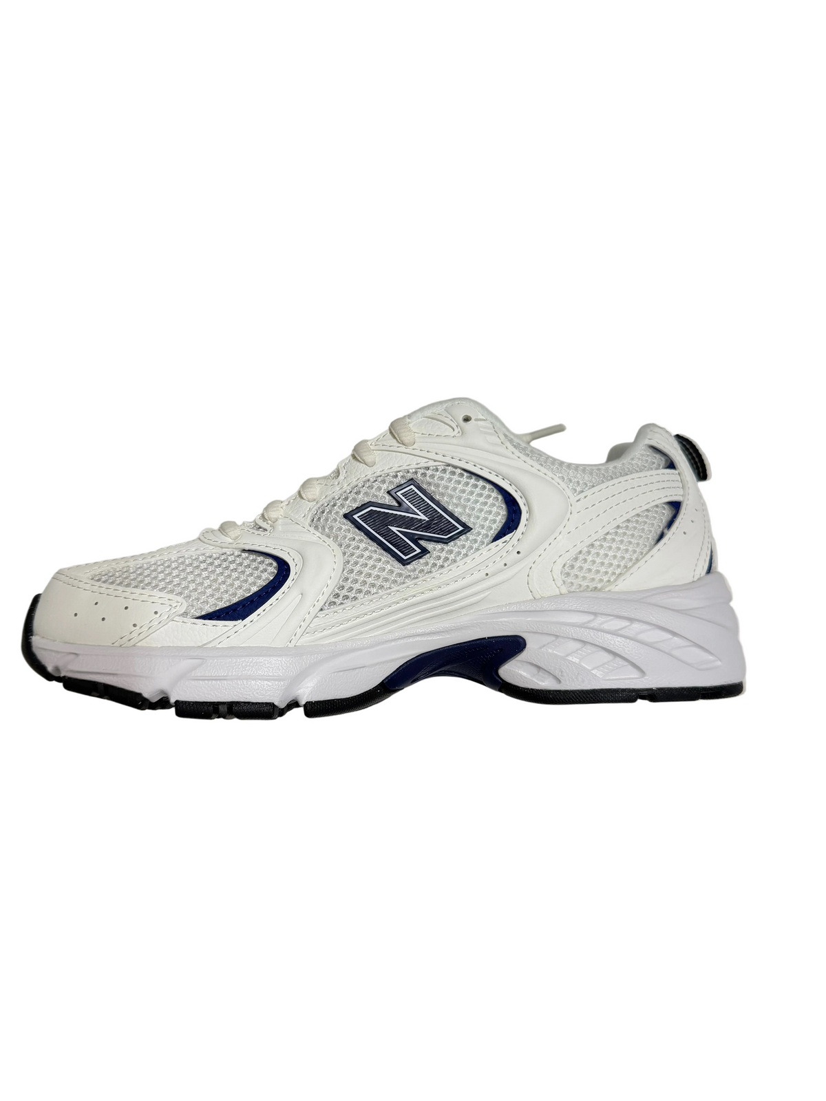 White running shoe with blue accents on a textured white background