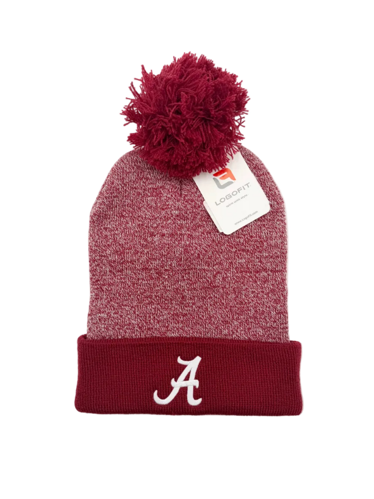 A maroon and heathered burgundy knit beanie with a matching pom-pom, featuring a white embroidered Alabama 'A' logo on the cuff and a hangtag that reads Longfit.