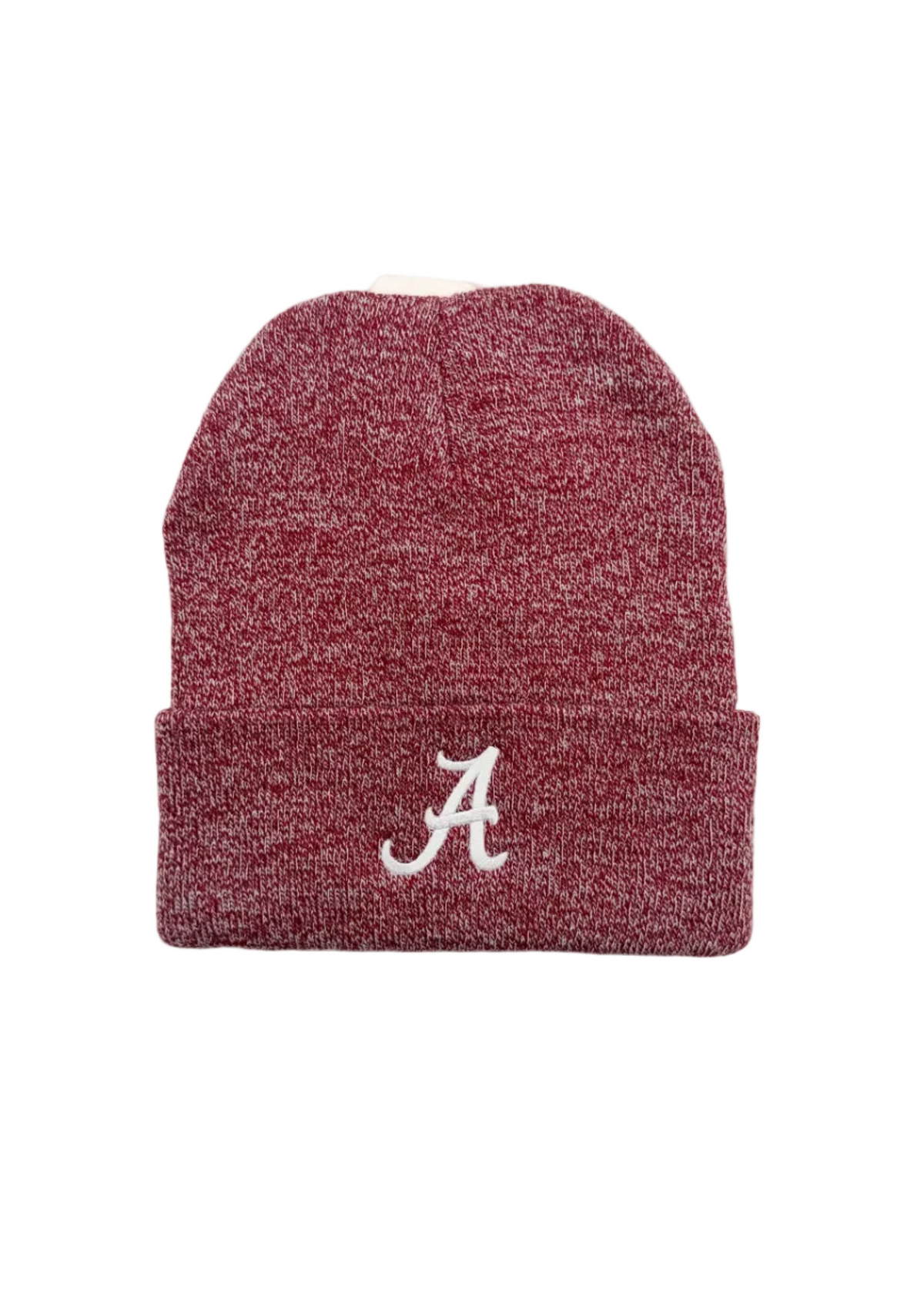 A maroon heather knit beanie with a white embroidered script letter 'A' on the front cuff, displayed against a plain white background.