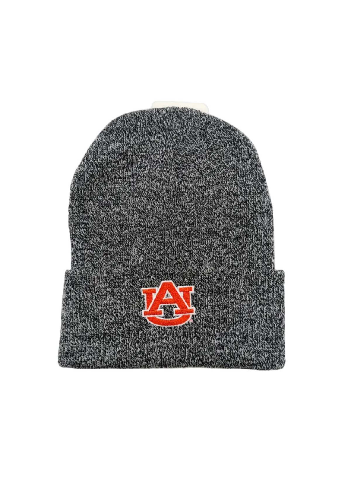 A dark gray heather knit beanie with a folded cuff, featuring an embroidered red and orange Auburn Tigers 'AU' logo on the front, set against a plain white background.