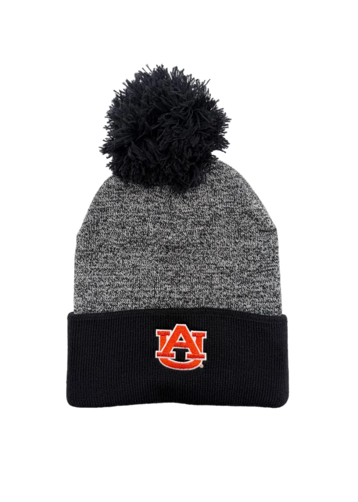 A gray and black heather knit pom-pom beanie with a black cuff featuring the Auburn Tigers 'AU' logo embroidered in orange and white, set against a plain white background.