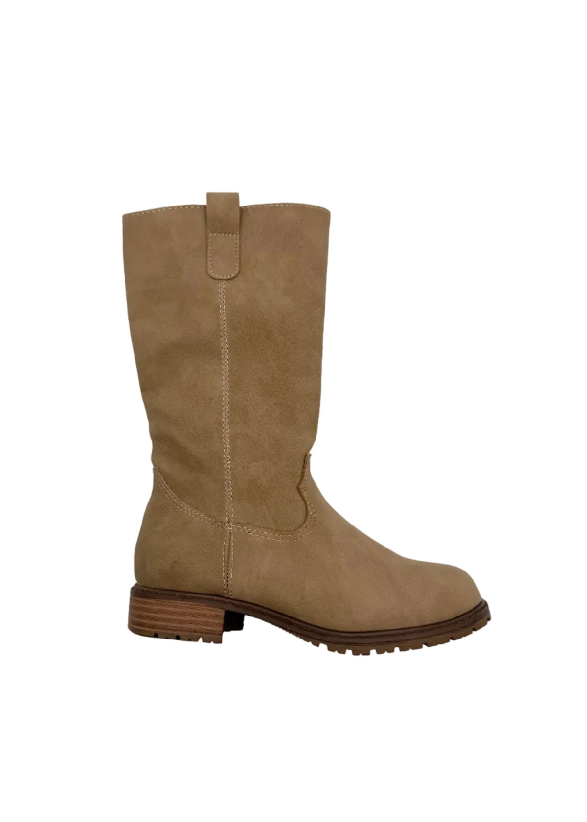 A mid-calf boot in tan suede, shown from a side profile against a plain white background.