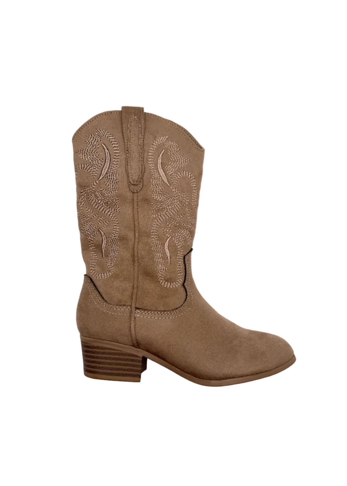 A single light brown suede western boot with decorative stitching on the shaft, shown from a side profile against a plain white background.