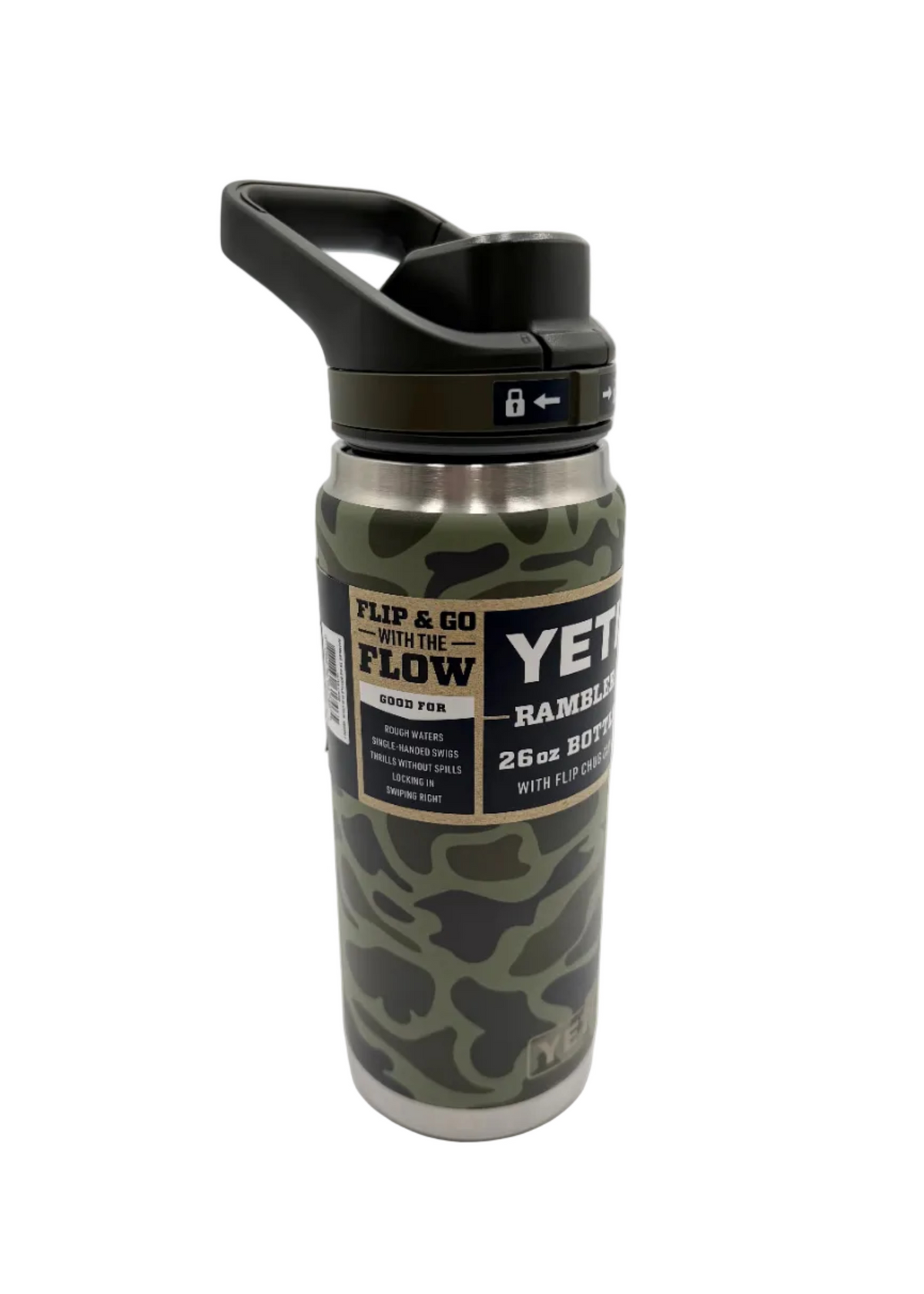 A Yeti Flip & Go Rambler 26 oz stainless steel water bottle with a green camouflage pattern and a black flip-top lid, shown on a white background.
