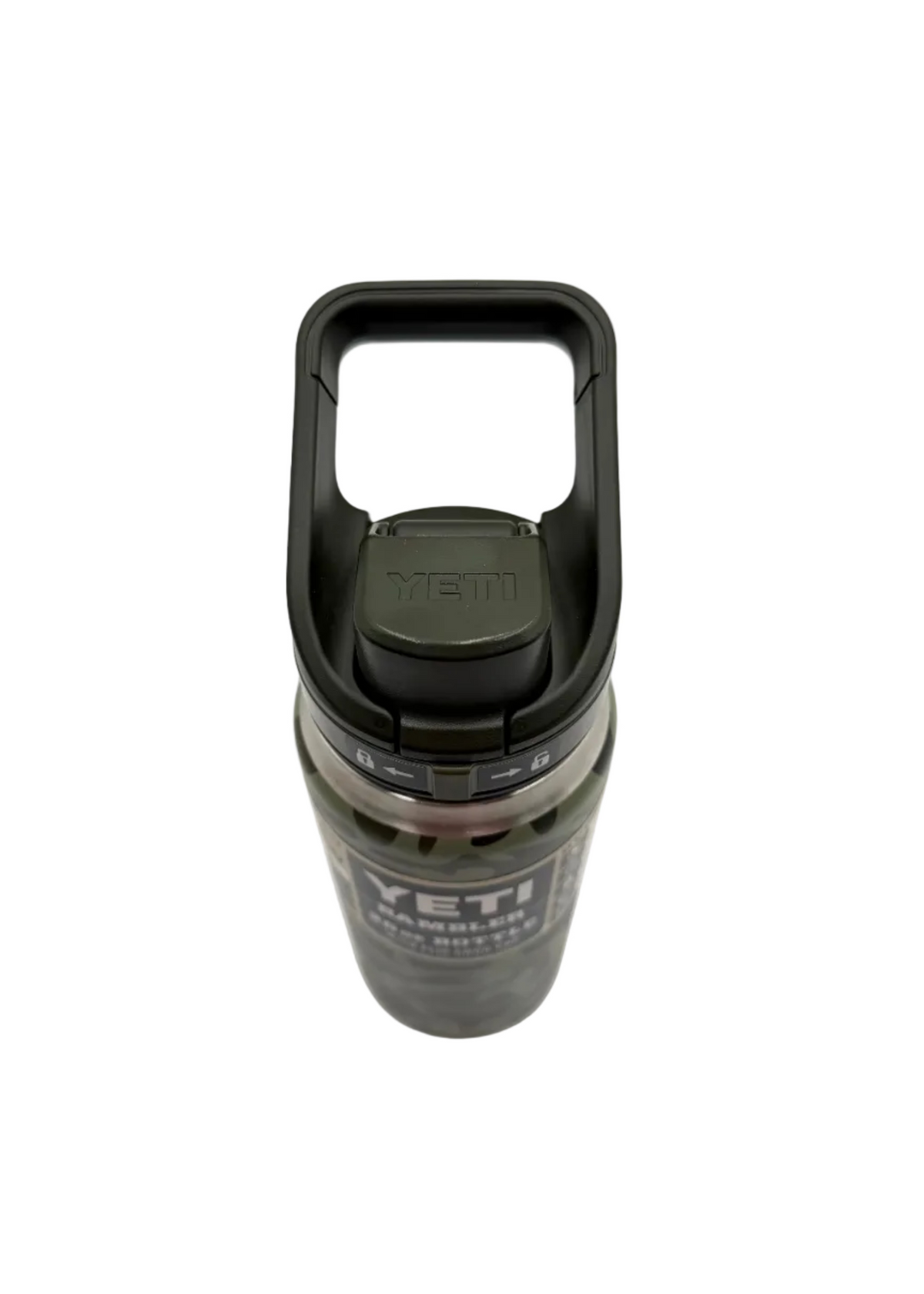 A YETI Rambler 16 oz black coffee bottle with a dark gray translucent body and a black flip-top lid, shown on a white background.