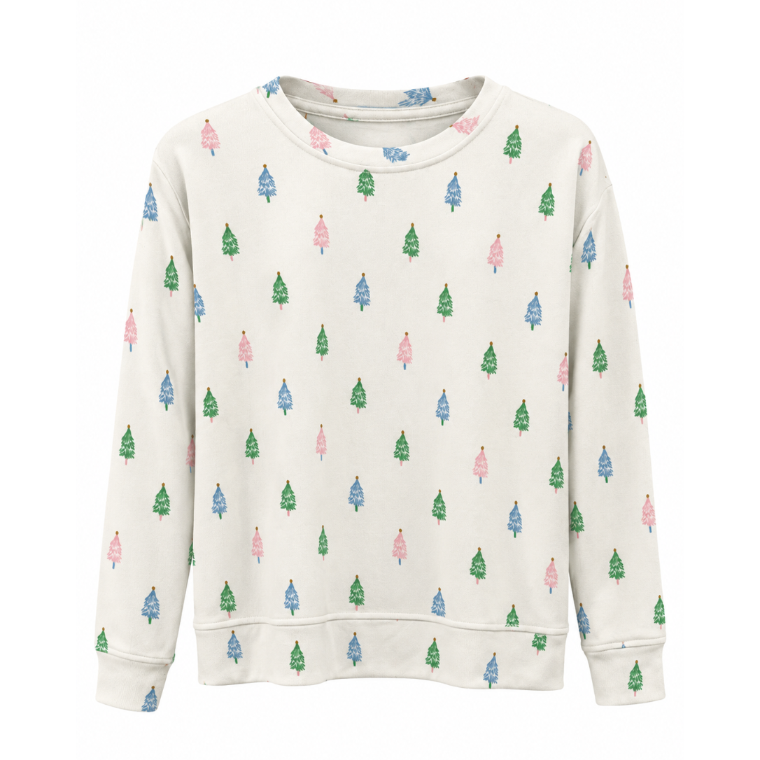 An off-white crewneck sweatshirt featuring an all-over pattern of small Christmas trees in green, blue, and pink, displayed on a clean white background.