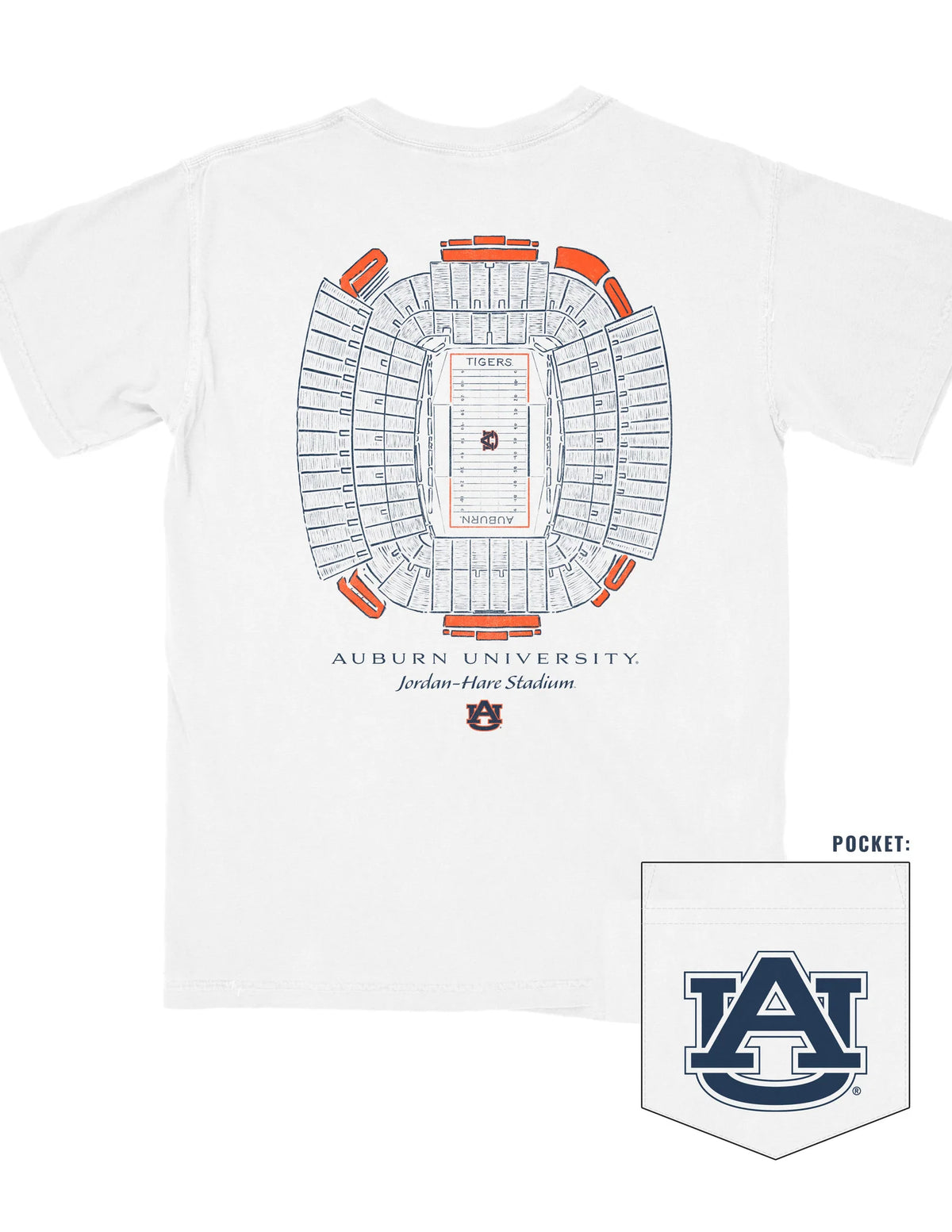 White t-shirt with stadium seating chart and Auburn University logo on a white background