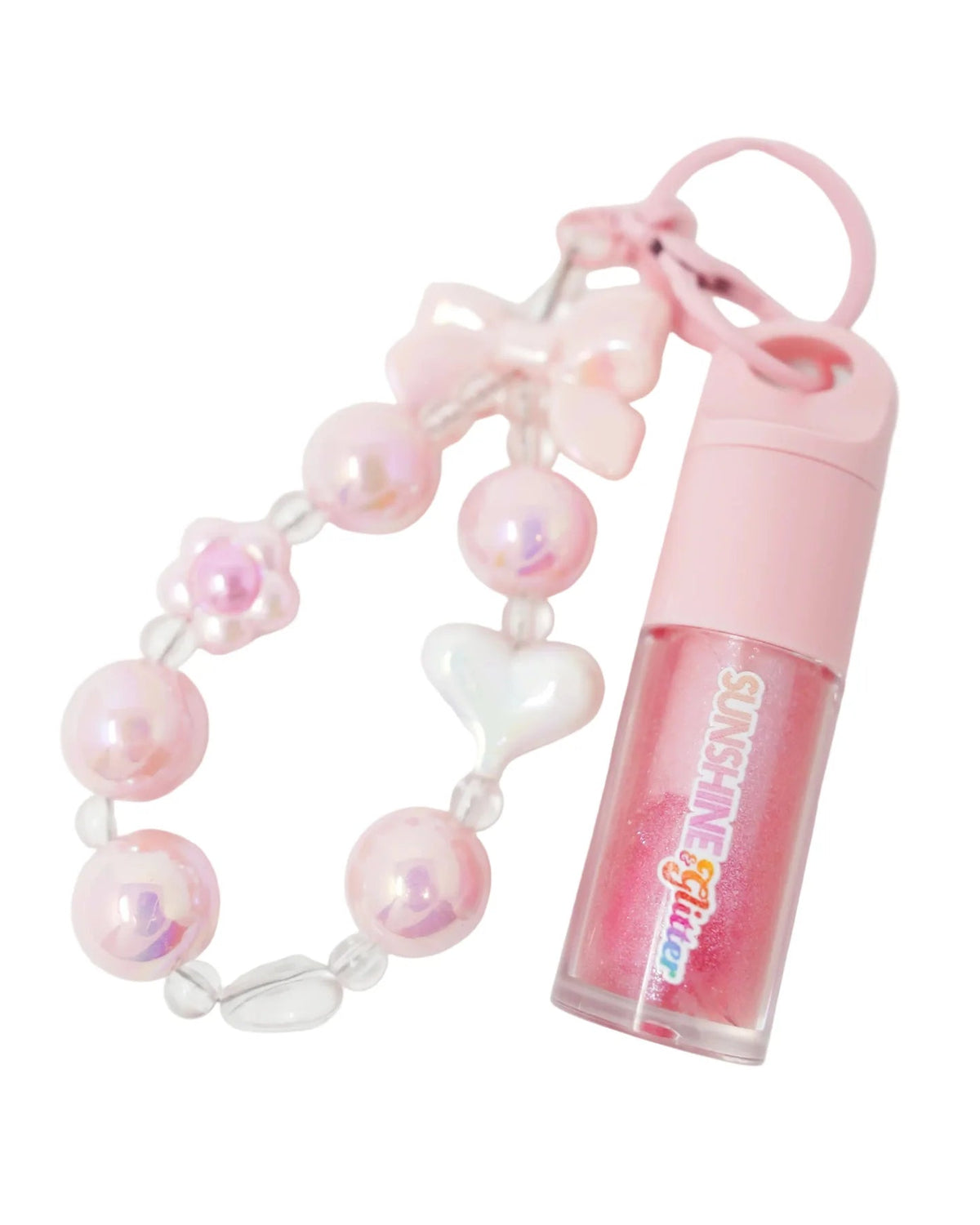 Pink lip gloss tube with a matching pink keychain strap featuring iridescent pearl beads, a bow, and a heart charm on a white background.