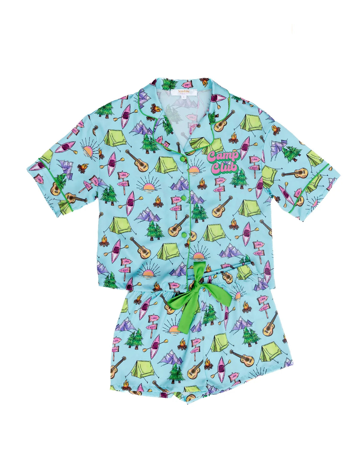 Short-sleeve shirt with colorful camp-themed pattern on a light blue background