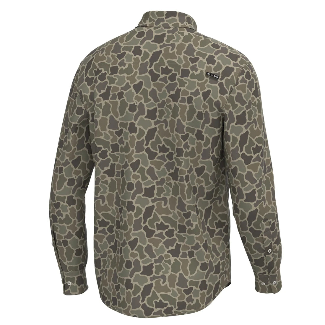 A long-sleeve button-up shirt shown from the back, featuring an all-over organic camouflage pattern in shades of olive green, brown, and dark gray. The Columbia brand logo is visible on the upper left shoulder.