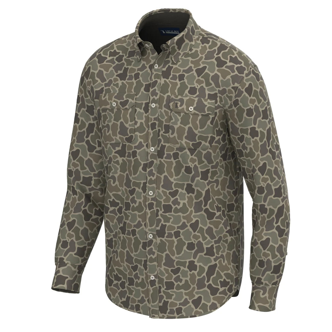 A long-sleeve button-up shirt with a brown and gray organic camouflage pattern, displayed on a white background.
