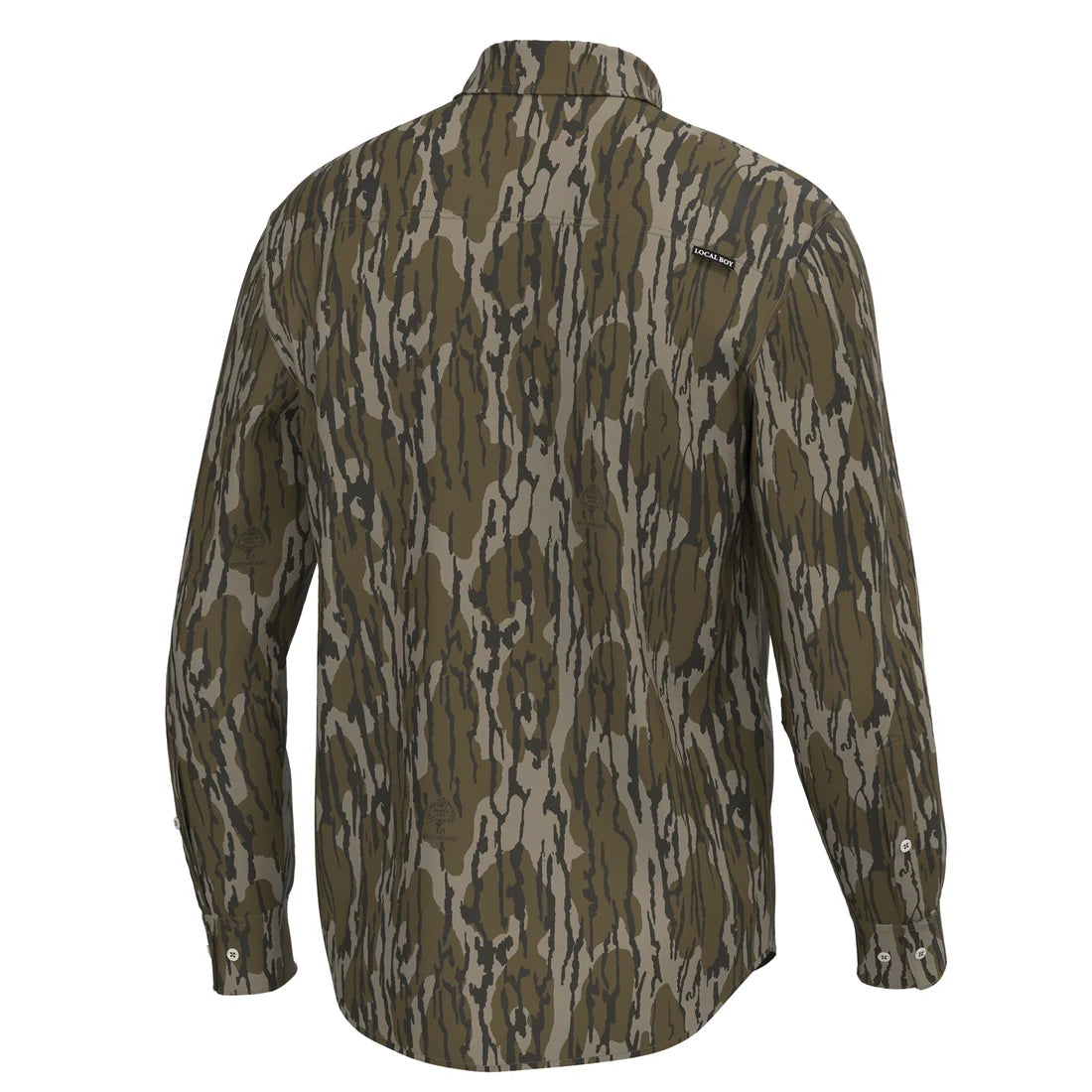 A long-sleeve button-up shirt shown from the back, featuring an all-over vertical bark-style camouflage pattern in olive green, brown, and tan. A small black rectangular logo patch is visible on the upper right shoulder area.
