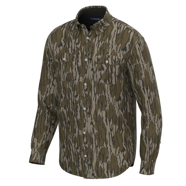 A long-sleeve button-up shirt with a brown and olive green bark camouflage pattern, featuring two chest pockets and white buttons, shown on a plain white background.