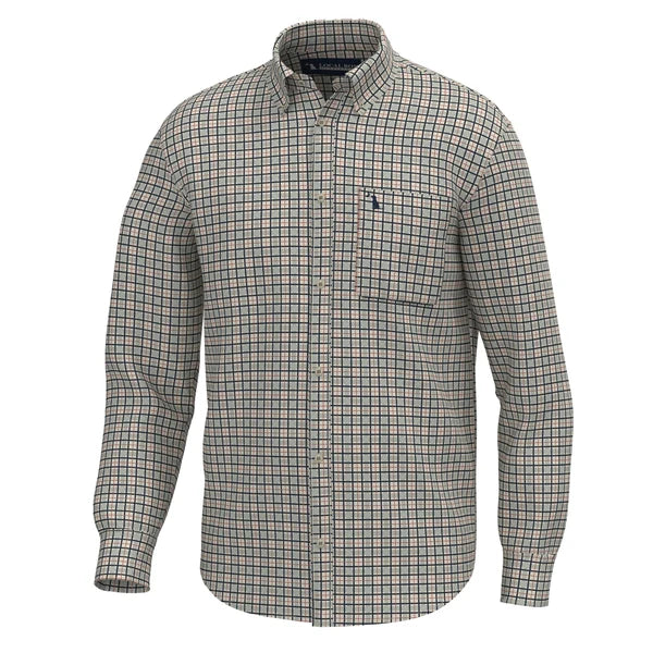 A long-sleeve button-down shirt with a gray and white plaid pattern, featuring a small navy blue embroidered logo on the left chest.