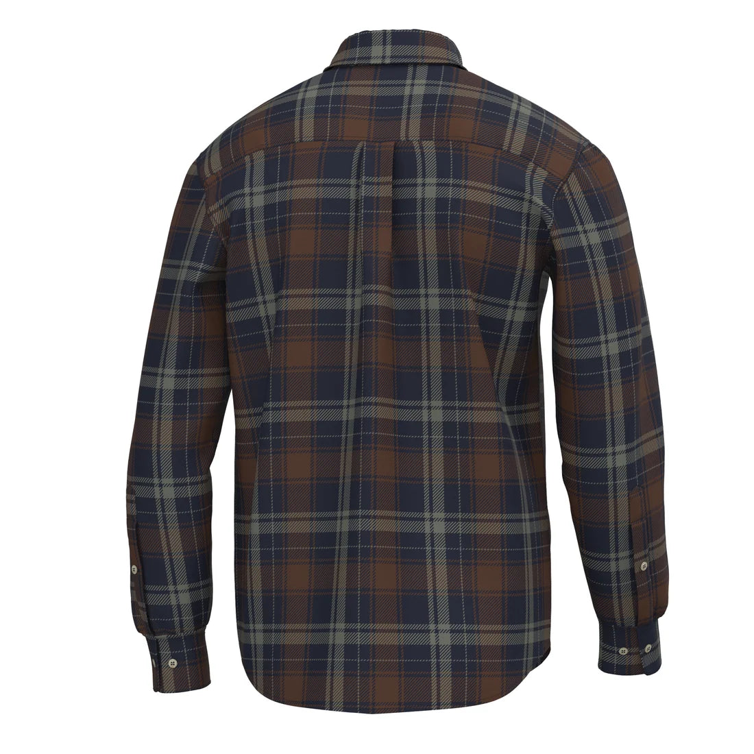 A long-sleeve plaid button-up shirt shown from the back, featuring a pattern of navy blue, brown, and beige intersecting lines on a white background.