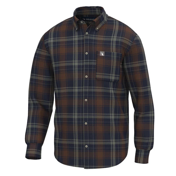 A long-sleeve button-down plaid shirt in brown, navy, and beige, featuring a chest pocket with a small logo patch.