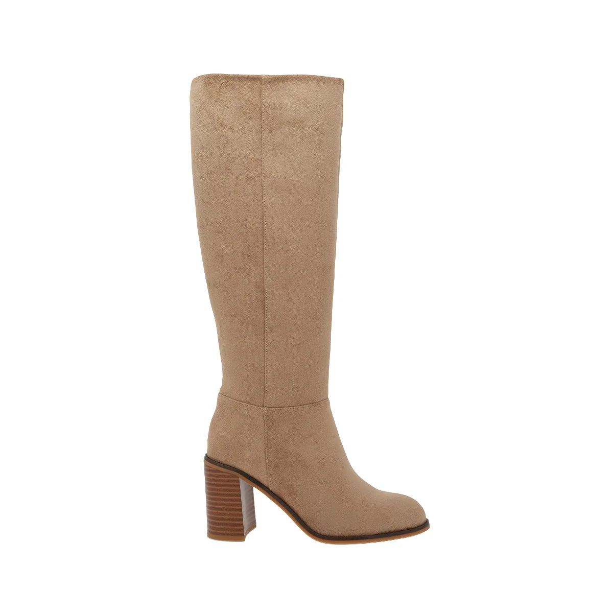 Beige suede tall boot on white background
