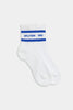 A pair of white crew socks with blue stripes and the brand name 'SPLITS59' printed in blue on the ribbed cuff, shown against a light gray background.
