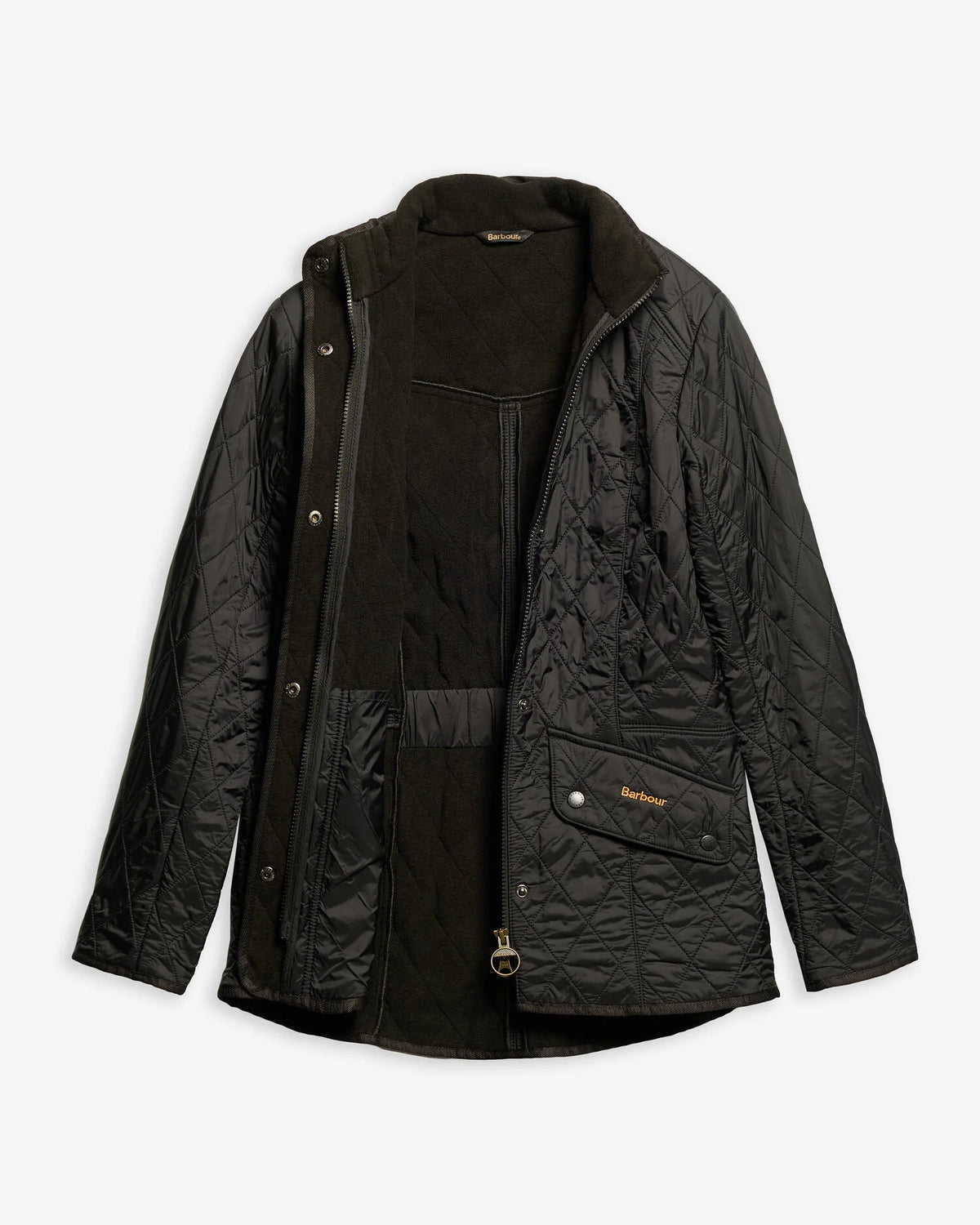 A black quilted Barbour jacket with a high collar and snap-button front, displayed on a light gray background.