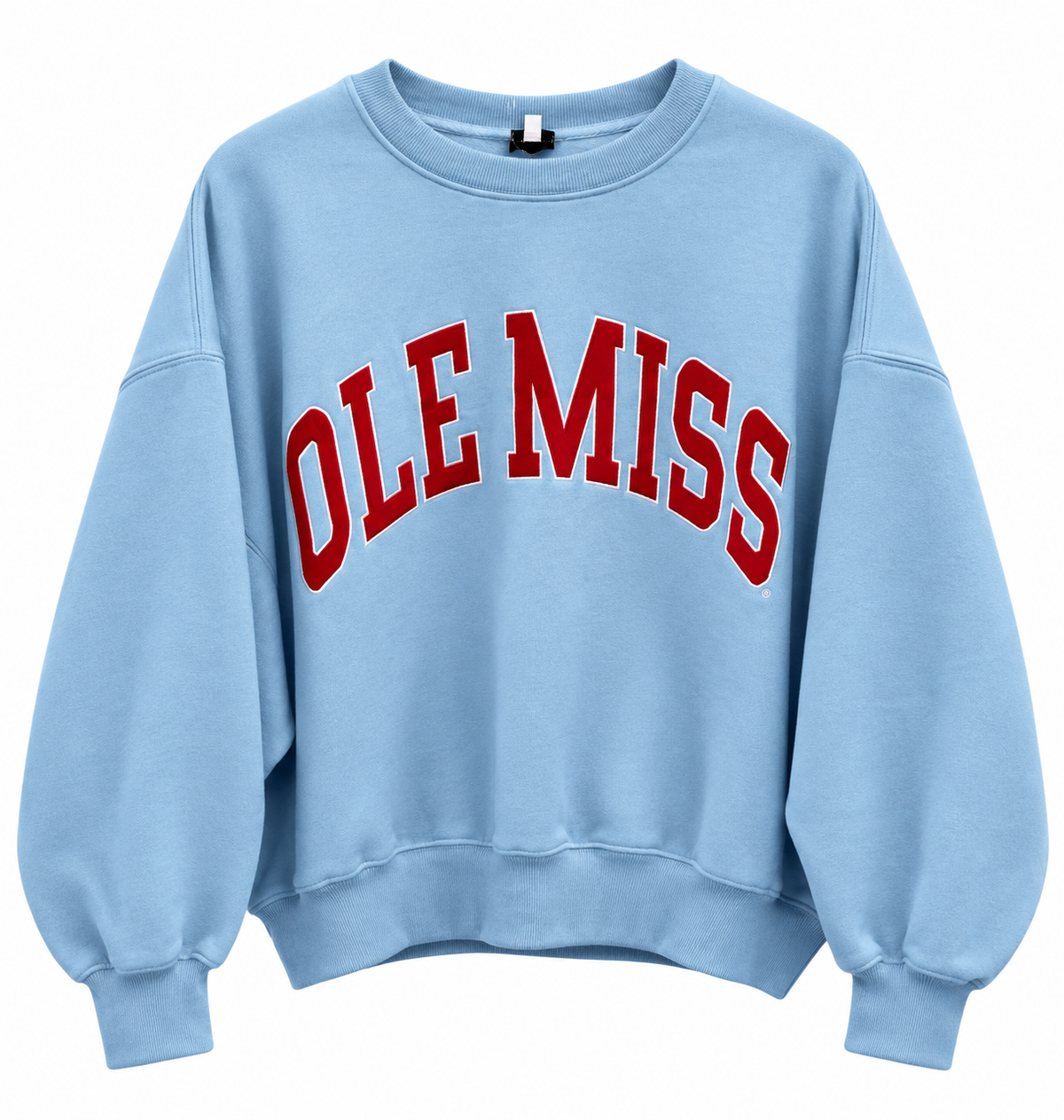 A light blue crewneck sweatshirt featuring the words 'OLE MISS' printed in red varsity-style block letters across the chest, shown against a plain white background.