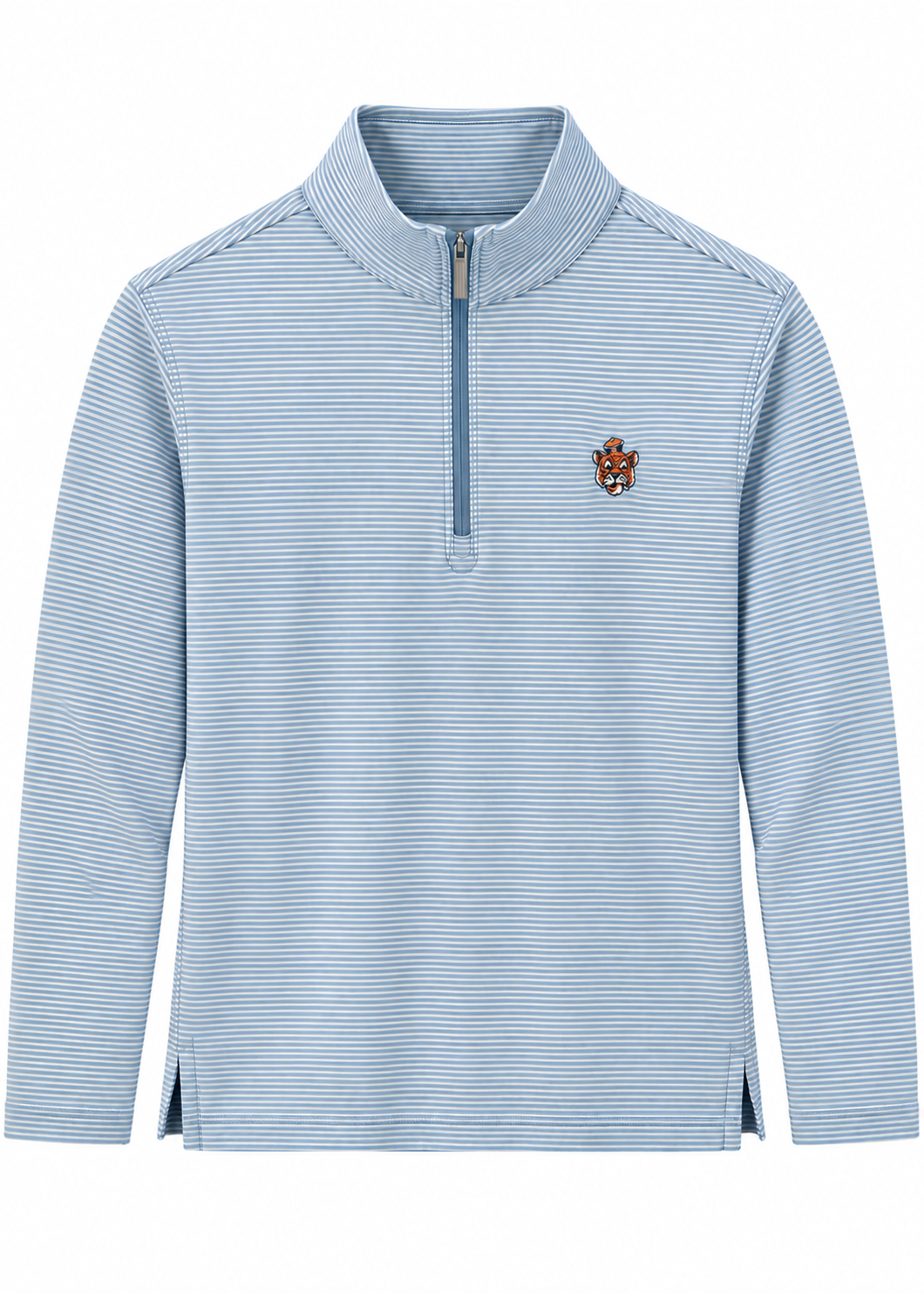 A light blue and white striped long-sleeve quarter-zip pullover with a small embroidered crest on the left chest, displayed on a clean white background.