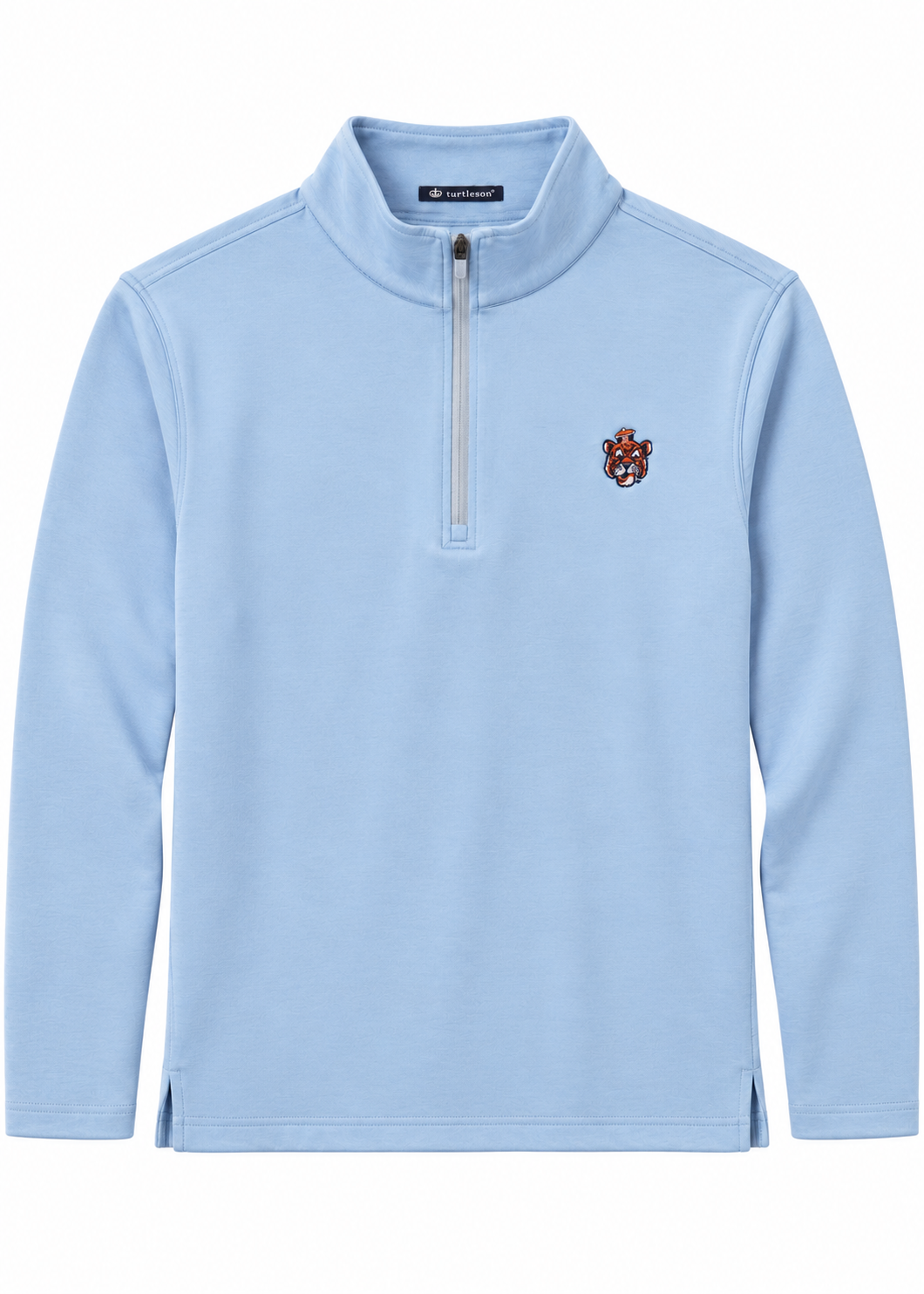 A light blue long-sleeve quarter-zip pullover sweatshirt with a small embroidered crest on the left chest, displayed on a clean white background.