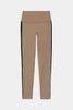 A pair of high-waisted, straight-leg leggings in a warm taupe-brown color, featuring a double stripe down the sides in black and beige.