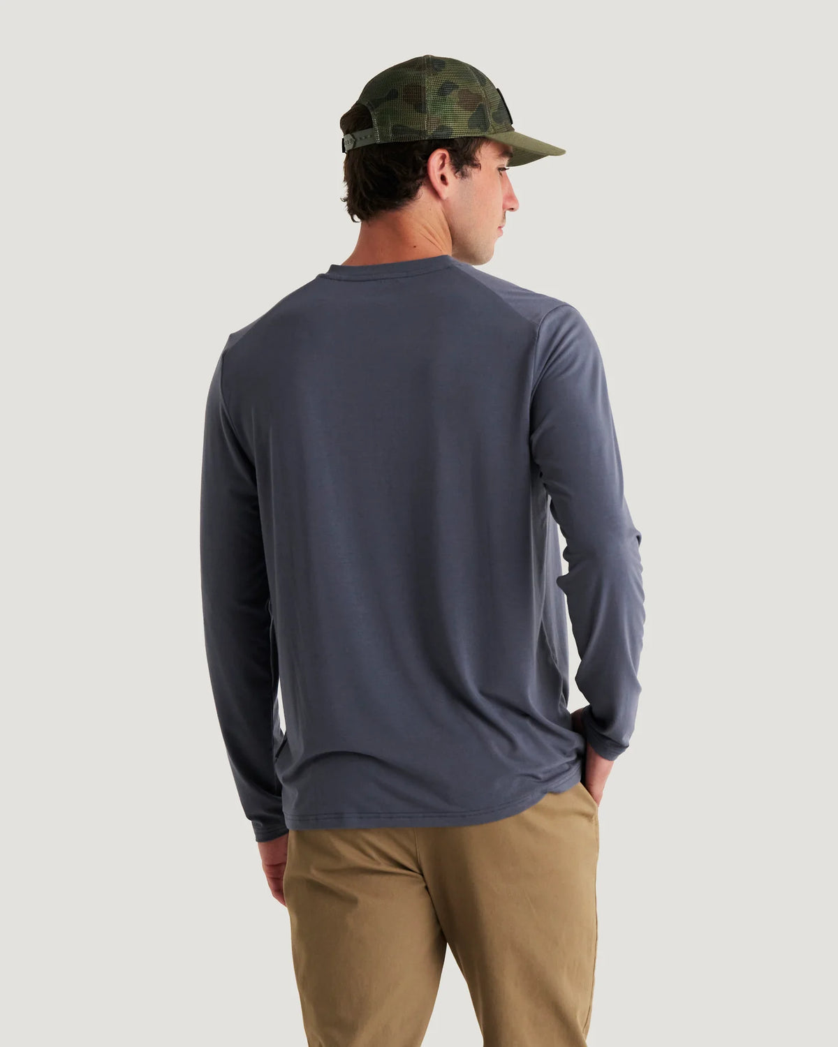 A man shown from behind wearing a slate blue long-sleeve shirt, khaki pants, and a green camouflage baseball cap against a light gray background.