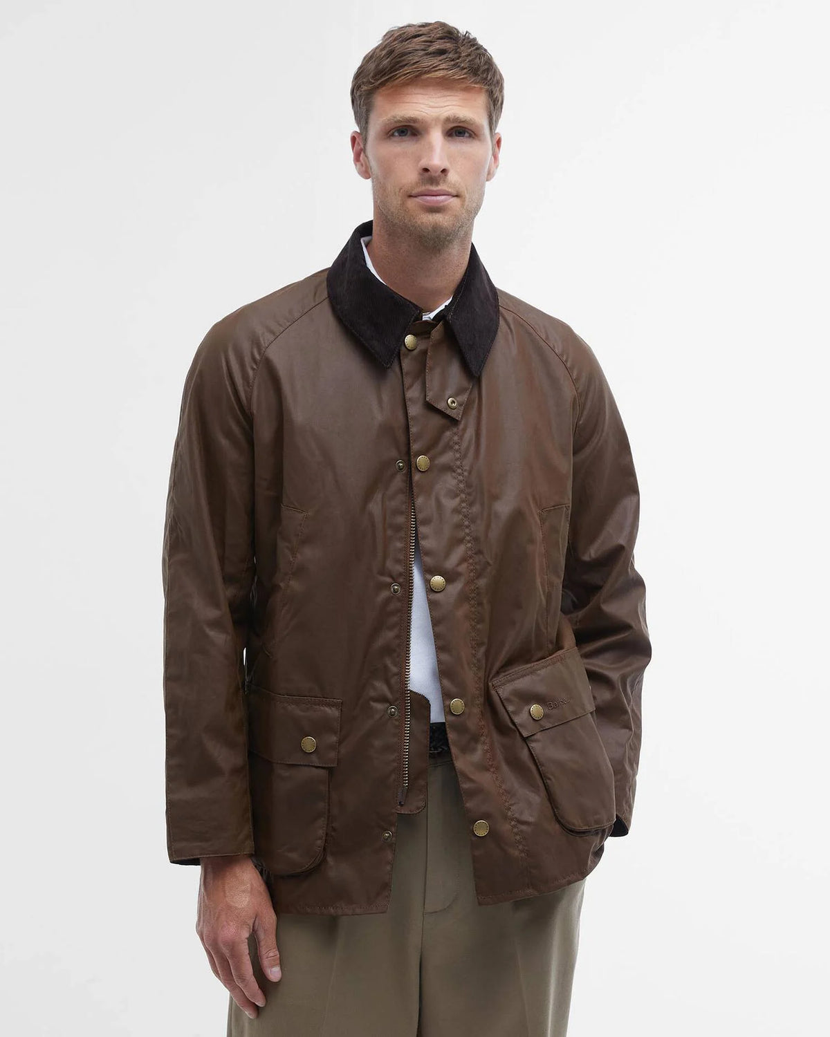 Man modeling brown coat