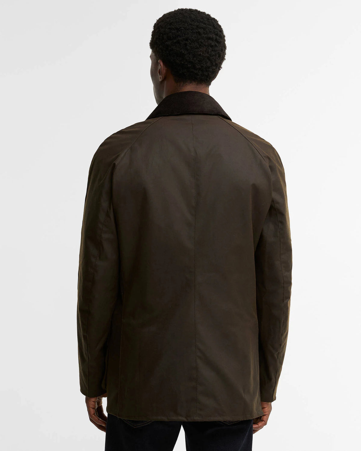 Man modeling olive green coat