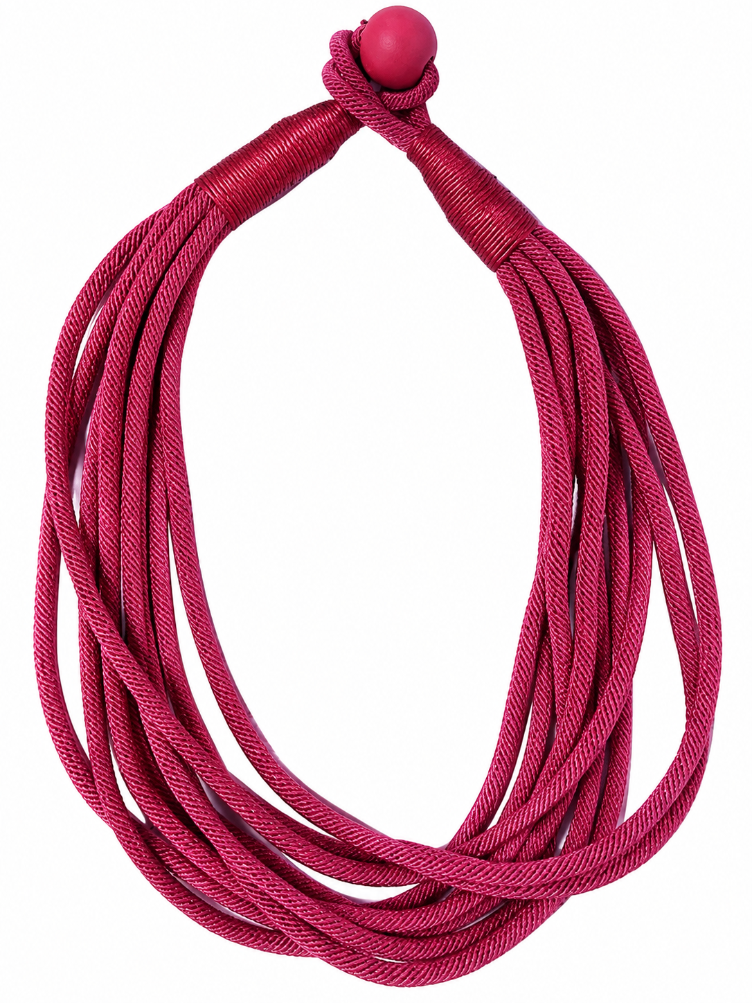 A coiled magenta pink braided cord with a matching pink knotted end and round bead, isolated on a white background.