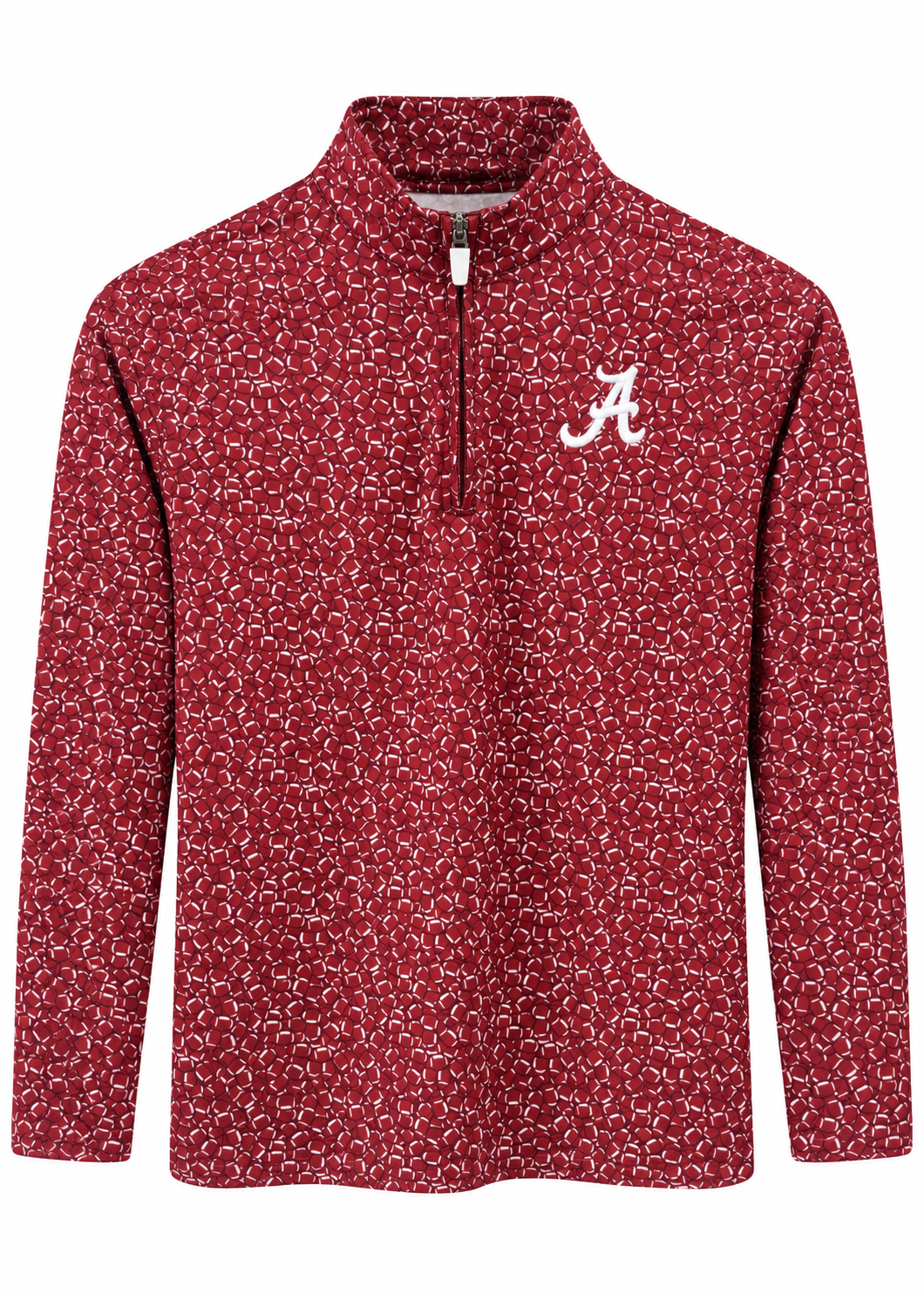 Red boys quarter zip pullover with white football patterned design with a white embroidered Alabama "A" on the front corner. 
