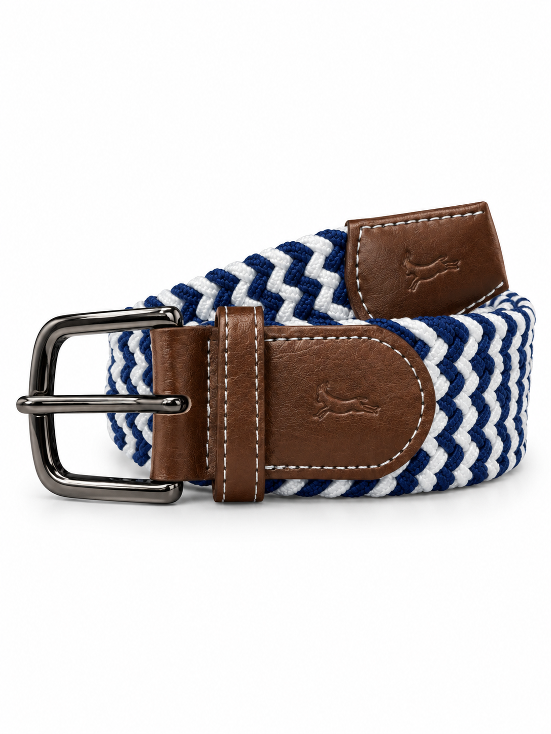 A woven elastic belt with a navy blue and white chevron pattern, brown leather trim, and a silver-tone metal buckle, shown on a plain white background.