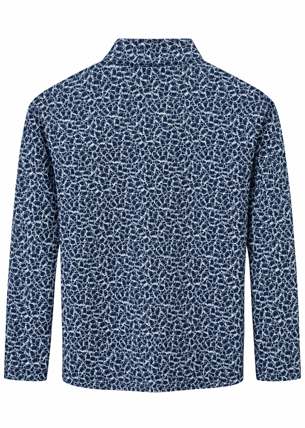 Back view of a blue boys quarter zip pullover with white football patterned design.