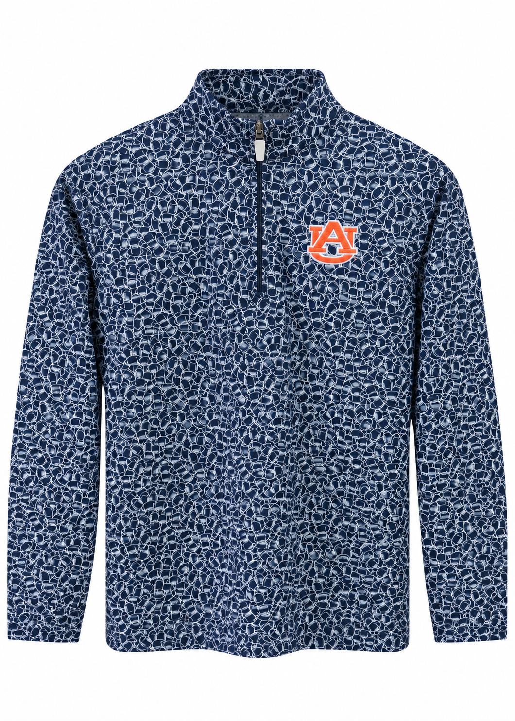 Blue boys quarter zip pullover with white football patterned design with a white and orange embroidered Auburn logo on the front corner.