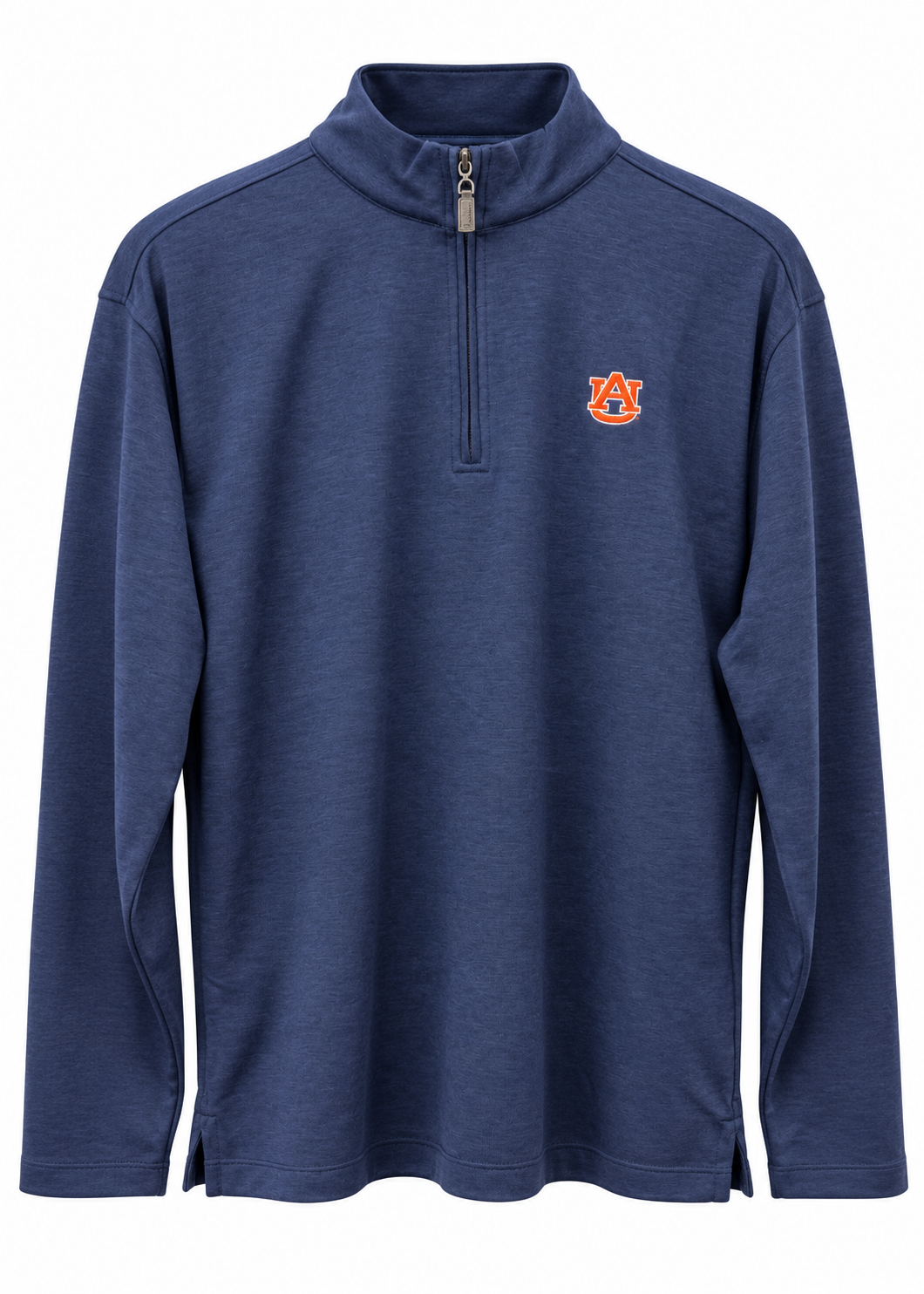 A navy blue heathered quarter-zip pullover sweatshirt with a small orange and white Auburn Tigers logo on the left chest, displayed on a clean white background.