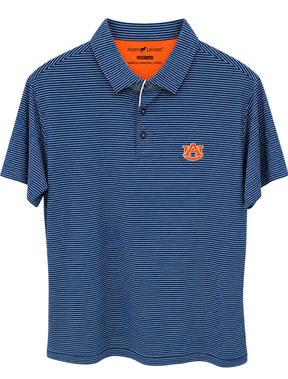 Blue and white striped polo with Auburn University logo on right