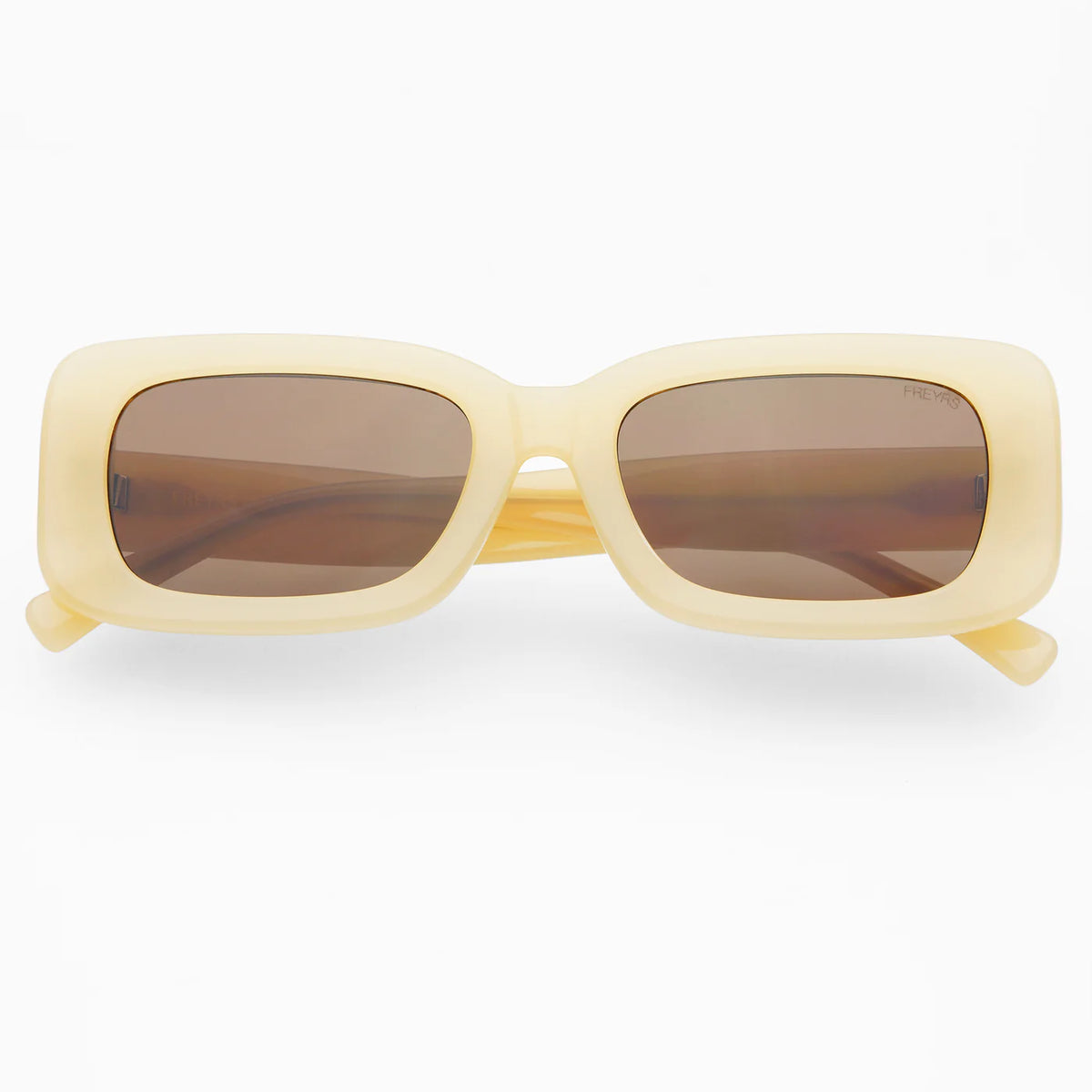Yellow sunglasses with brown lenses on a white background