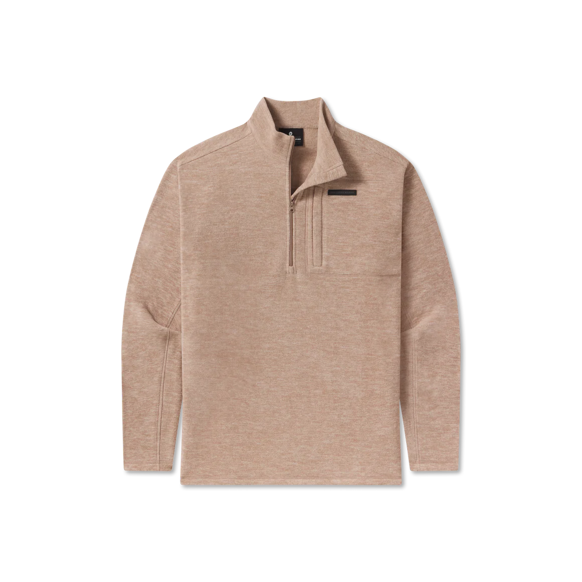 A men's long-sleeve quarter-zip pullover sweater in a heathered tan or light brown color, featuring a stand collar and a zippered chest pocket, shown against a plain white background.