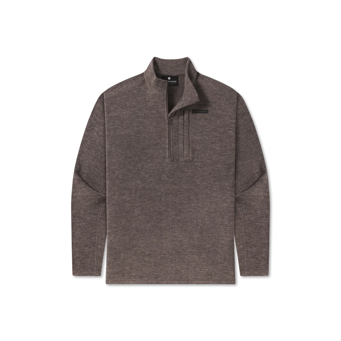 A dark brown heathered long-sleeve quarter-zip pullover sweater with a stand collar, displayed flat against a solid white background.