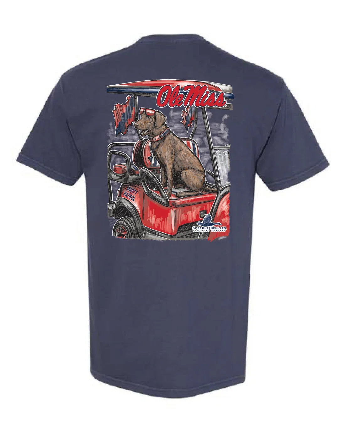 A navy blue short-sleeve t-shirt shown from the back, featuring a large graphic print of a brown dog sitting in a red golf cart with 'Ole Miss' written across the top.