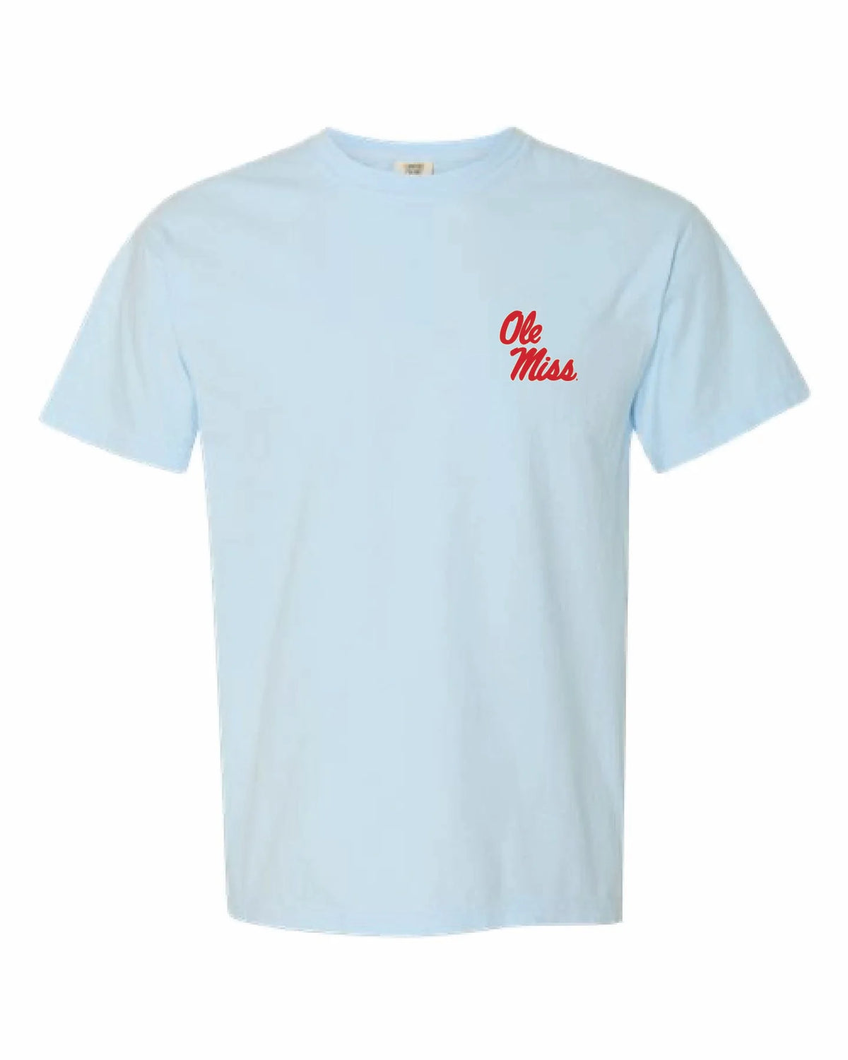 A light blue short-sleeve crewneck t-shirt with 'Ole Miss' embroidered in red cursive script on the left chest, displayed on a clean white background.