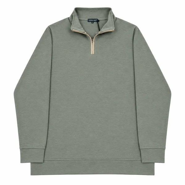 A sage green long-sleeve quarter-zip pullover sweatshirt with a stand collar and a beige zipper, shown flat against a white background.
