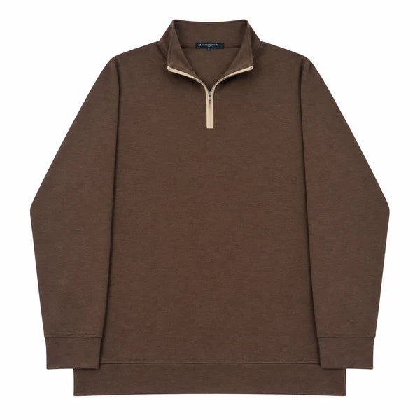 A brown long-sleeve quarter-zip pullover sweater with a stand-up collar and a beige zipper trim, shown flat against a white background.