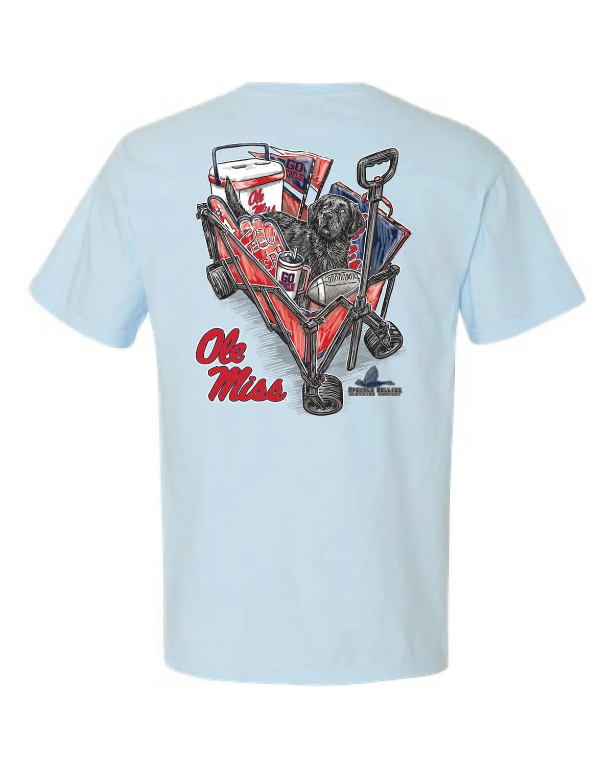 Light blue t-shirt with a graphic of a dog in a cart and 'Ole Miss' text on a white background