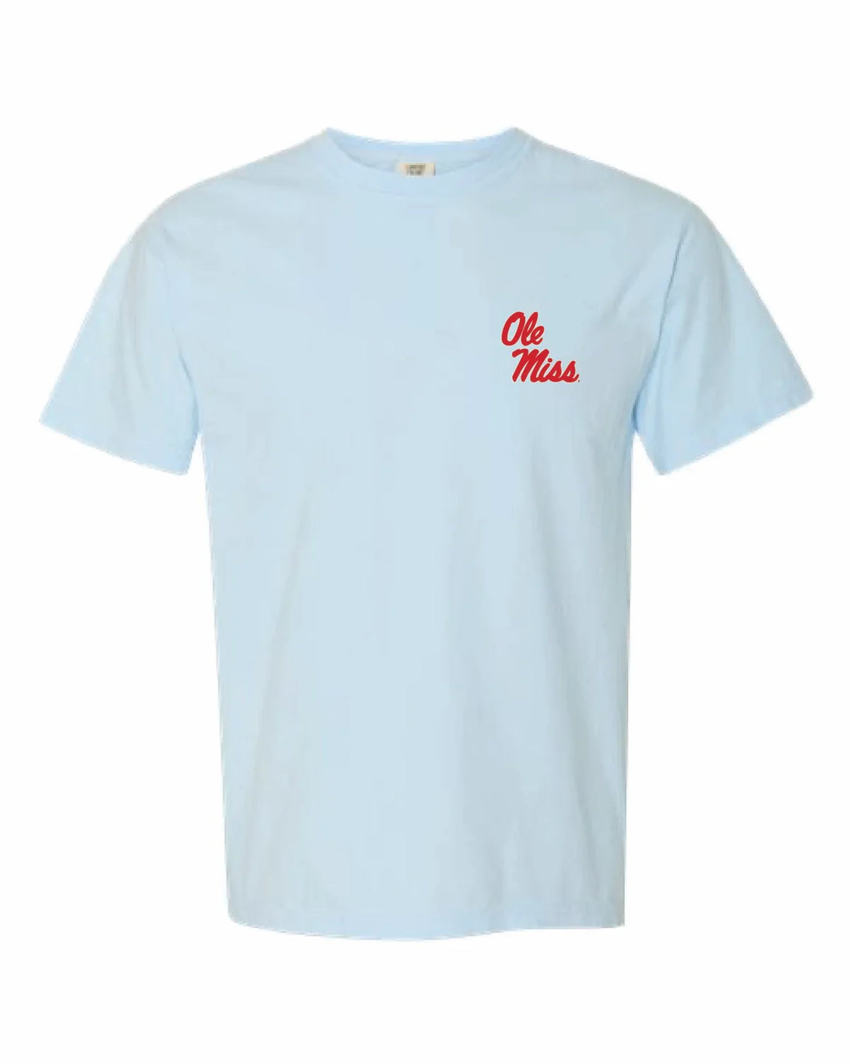 A light blue short-sleeve crewneck t-shirt with 'Ole Miss' embroidered in red cursive script on the left chest, displayed against a plain white background.