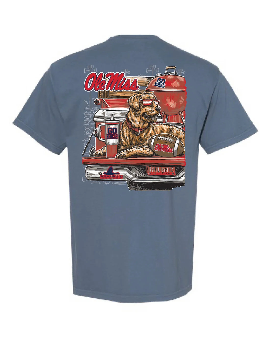 A slate blue short-sleeve t-shirt shown from the back, featuring a large graphic print of a golden retriever dog sitting in a red pickup truck with 'Ole Miss' lettering and a football.